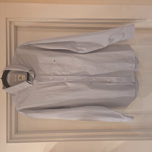 Lacoste Mens Embroidered Striped Classic Cotton Button Down Shirt Blue White XXL - Picture 1 of 9